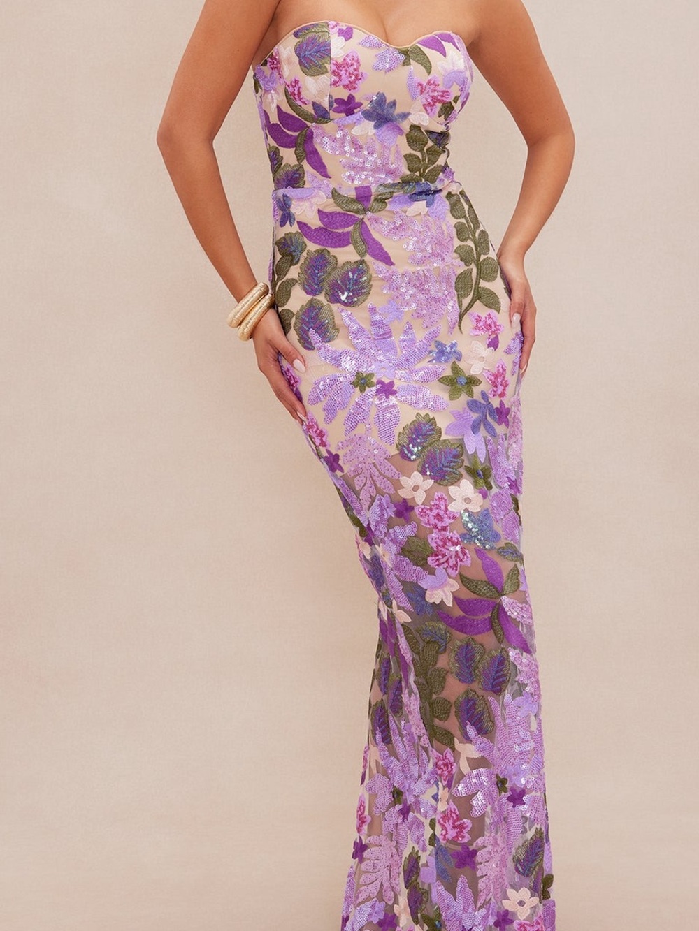 Strapless Lavender Floral Embroidered Evening Gown